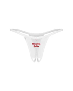 Białe stringi otwarte z haftem „Naughty Bride”