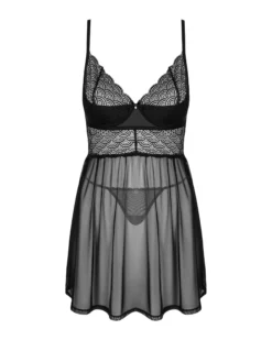 Czarna, prześwitująca babydoll i stringi