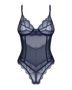 Niebieskie, otwarte body z koronki